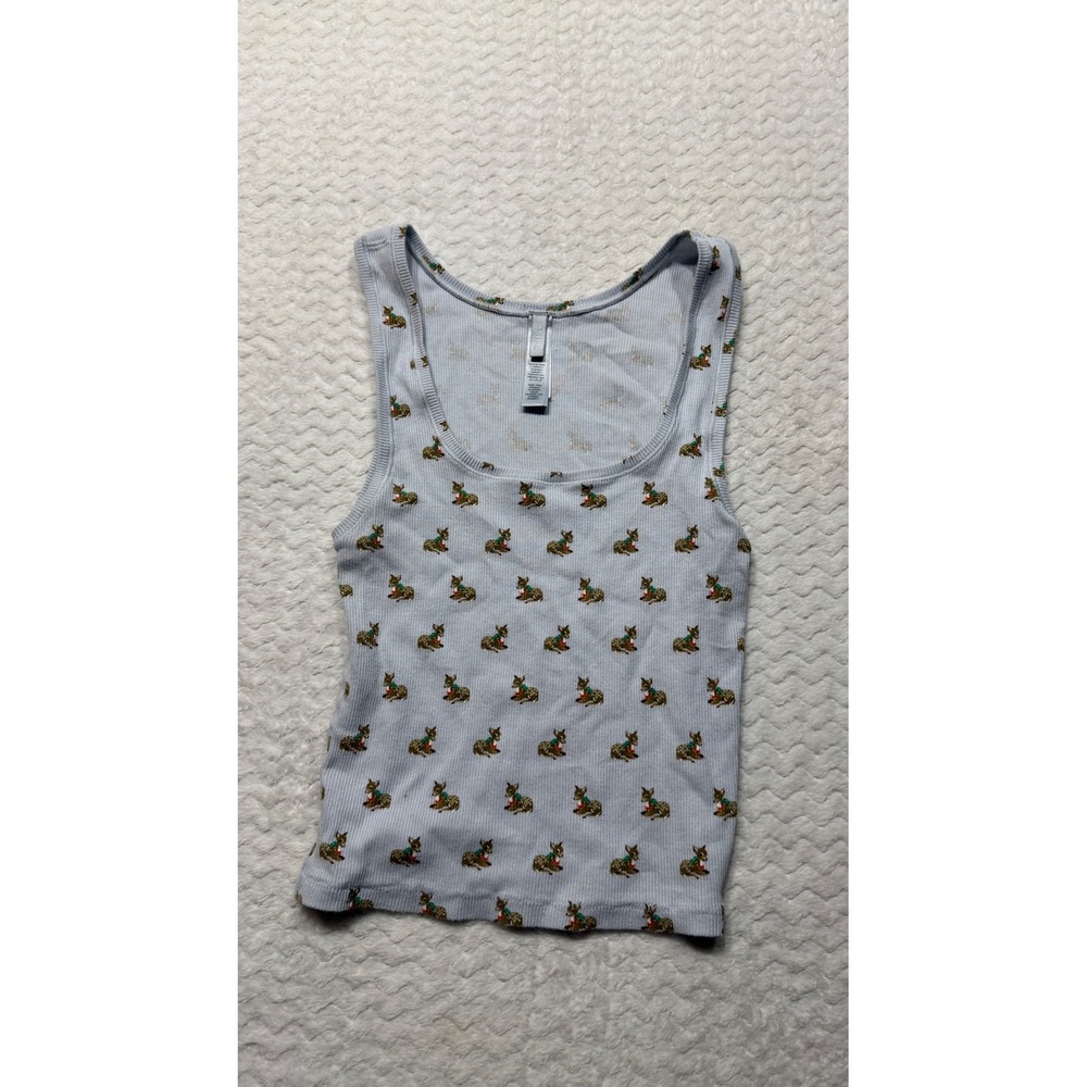 Skims Holiday Deer Ribbed Tank Top Light Blue Fawn Print Scoop Neck Womens M